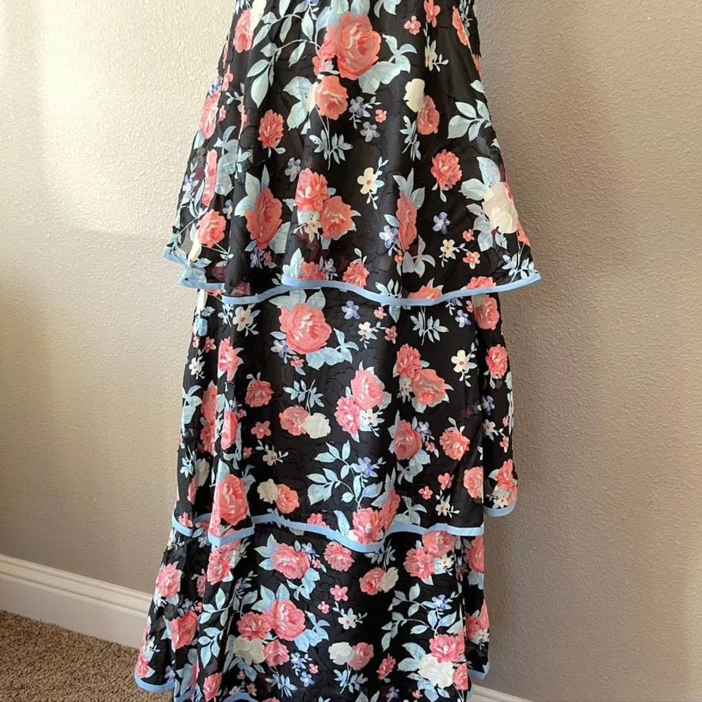 Foxiedox Darlene Ruffle Tiered Floral Print Keyhole Bodice Maxi Formal Dress Lrg - Picture 5 of 12